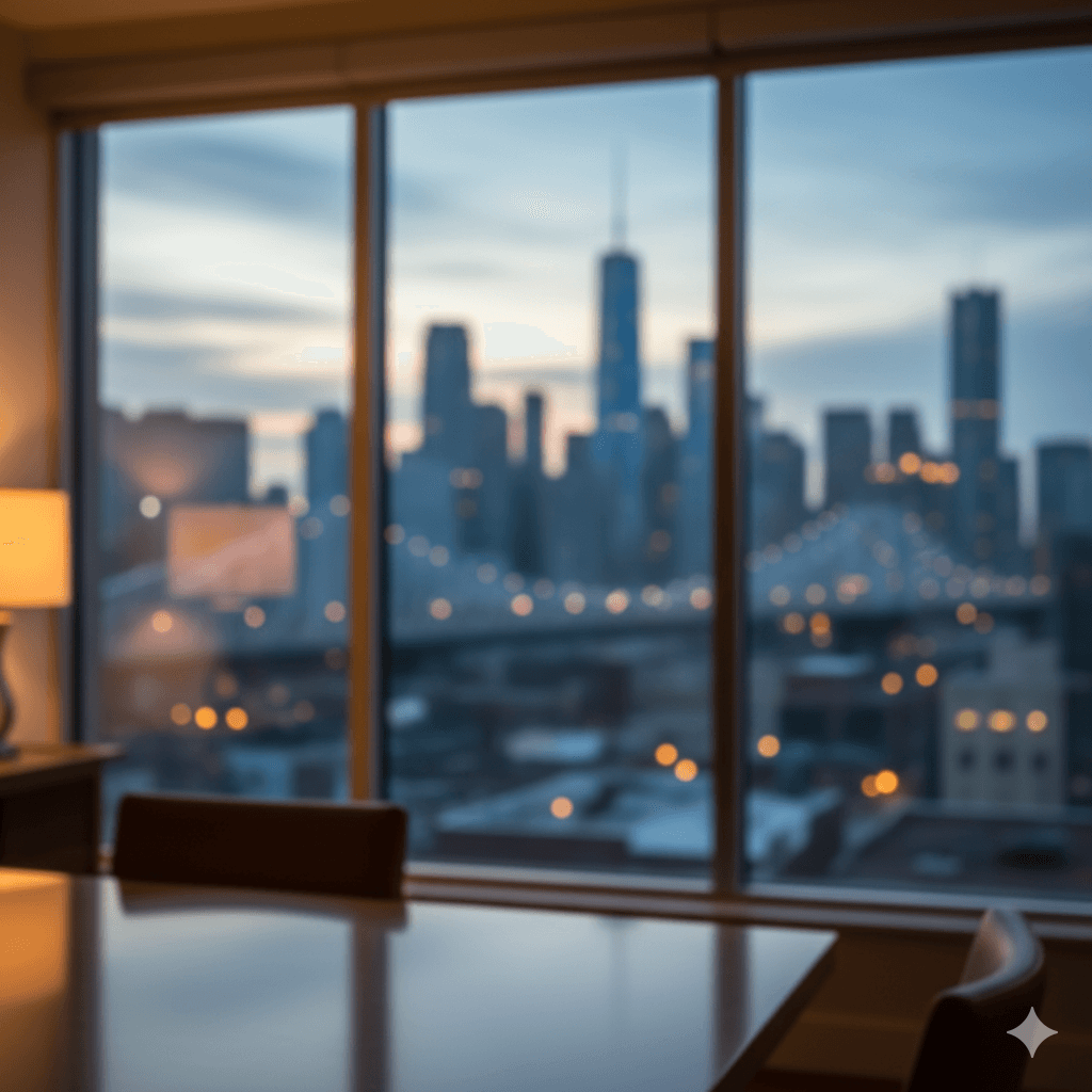 Urban skyline through office windows